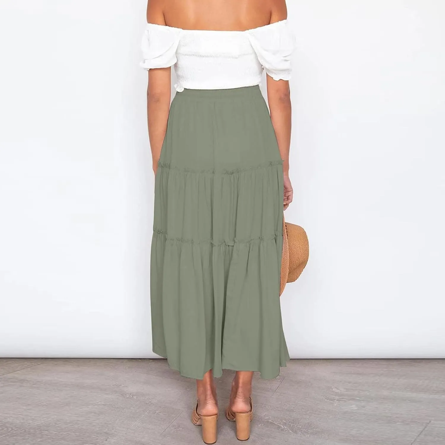 Womens Summer Boho Maxi Skirt A-Line Flowy Ruffle Trendy Drawstring Elastic High Waist Pleated Beach Long Skirts