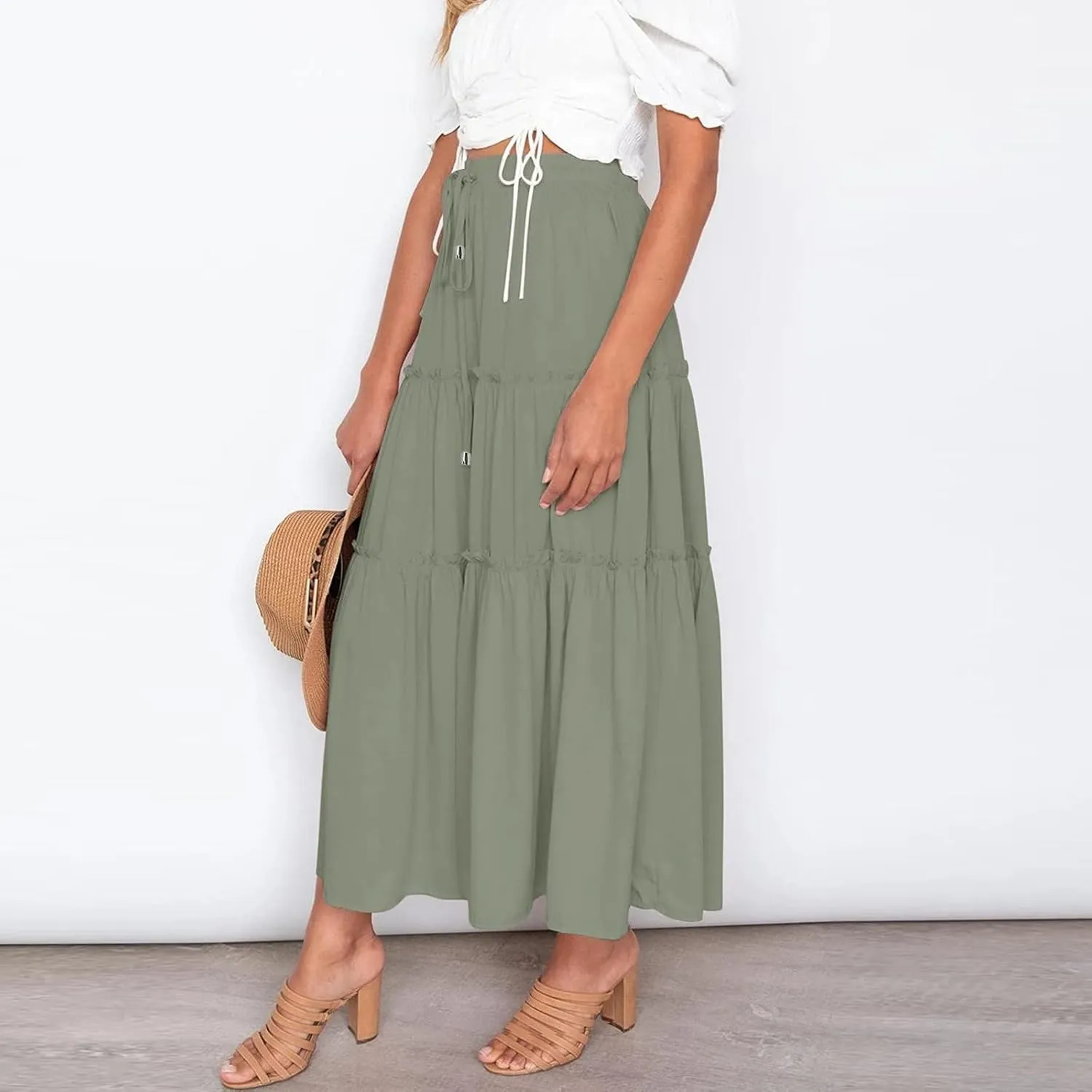 Womens Summer Boho Maxi Skirt A-Line Flowy Ruffle Trendy Drawstring Elastic High Waist Pleated Beach Long Skirts