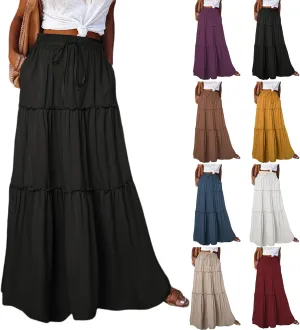 Womens Summer Boho Maxi Skirt A-Line Flowy Ruffle Trendy Drawstring Elastic High Waist Pleated Beach Long Skirts