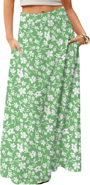 Womens Summer Boho Skirt 2025 Elastic Waist Flowy Casual A-Line Maxi Skirt Trendy, S-2XL