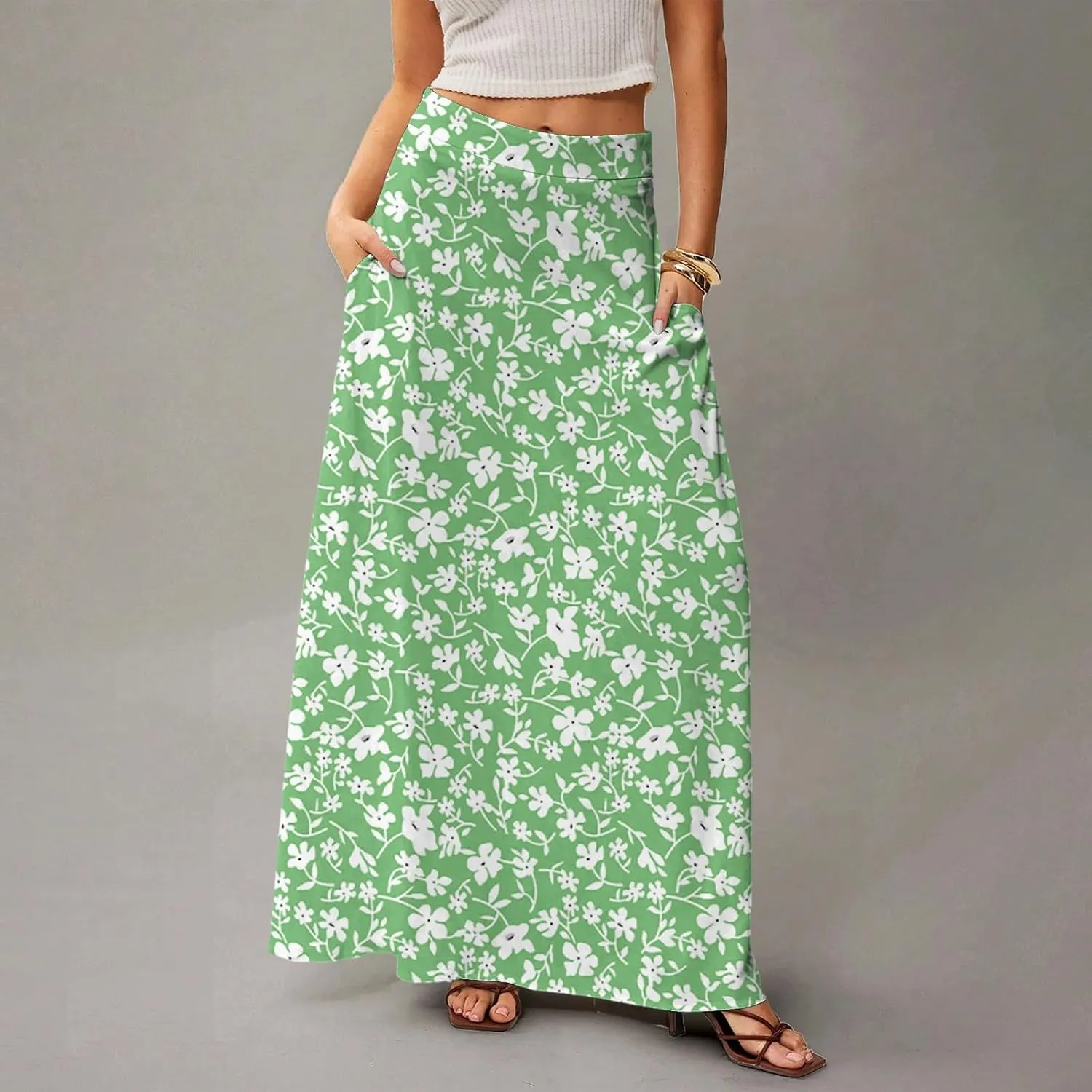 Womens Summer Boho Skirt 2025 Elastic Waist Flowy Casual A-Line Maxi Skirt Trendy, S-2XL
