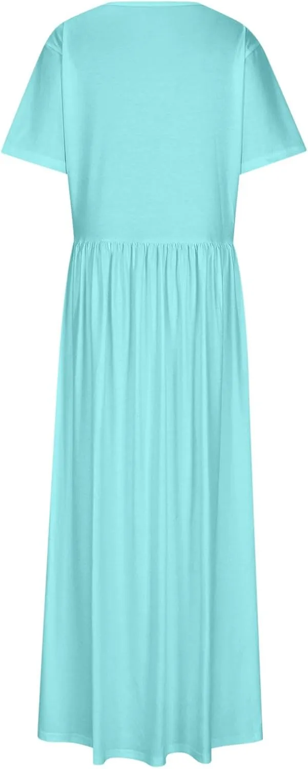 Women's Summer Casual Long Maxi Dress Short Sleeve Crew Neck Loose Dresses Fashion High Waist Beach Vacation Sundress