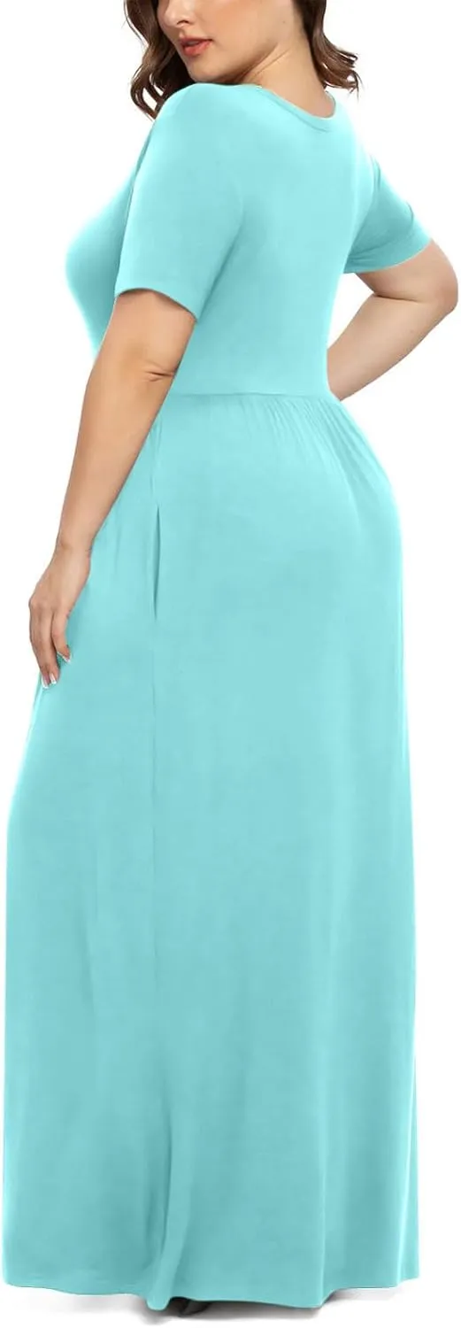 Women's Summer Casual Long Maxi Dress Short Sleeve Crew Neck Loose Dresses Fashion High Waist Beach Vacation Sundress