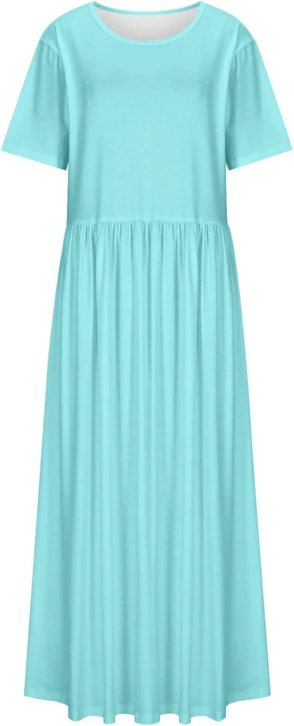 Women's Summer Casual Long Maxi Dress Short Sleeve Crew Neck Loose Dresses Fashion High Waist Beach Vacation Sundress