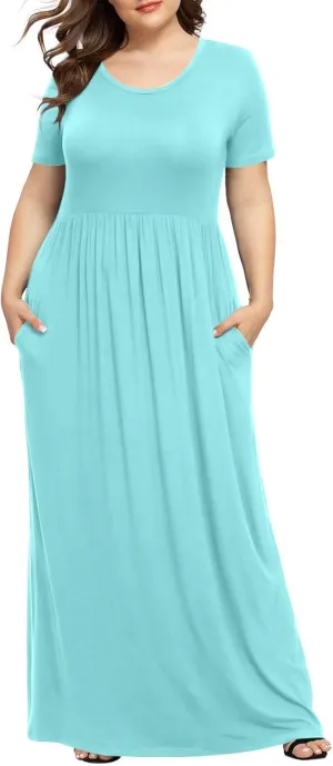 Women's Summer Casual Long Maxi Dress Short Sleeve Crew Neck Loose Dresses Fashion High Waist Beach Vacation Sundress