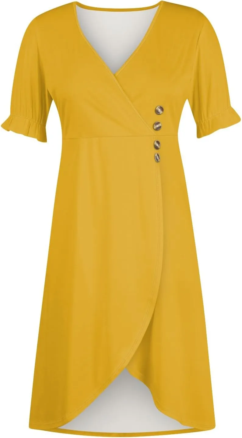 Women's Summer Casual Loose Short Sleeve V-Neck Floral Printed Solid Sun Beach Vacation Dress Plus Size, S-3XL