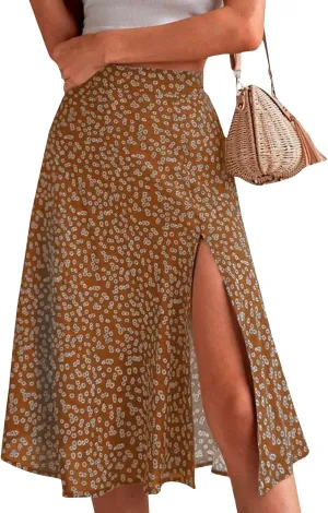 Women's Summer Casual Loose Trendy Elastic High Waist Floral Print Bohemian Split Sun Beach Midi Skirts 2025, S-3XL
