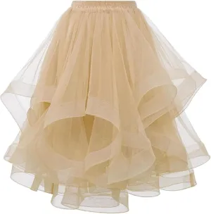 Women's Summer Casual Loose Trendy Elastic High Waist Solid Color Fluffy Mesh Party Latin Dance Flowy Skirts, S-XL