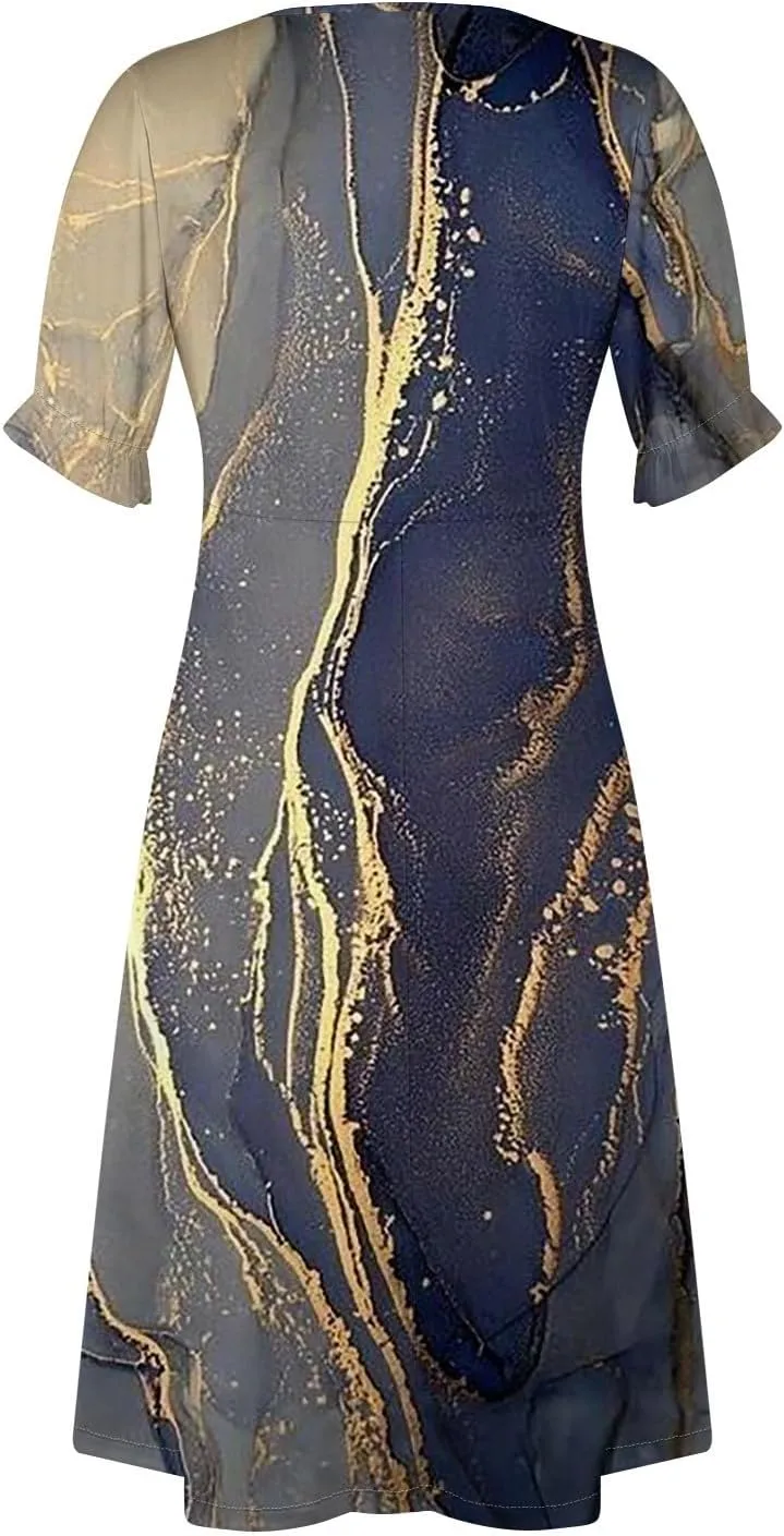 Women's Summer Casual Loose Trendy Short Sleeve V-Neck Floral Printed Solid Sun Beach Dress Plus Size, S-3XL