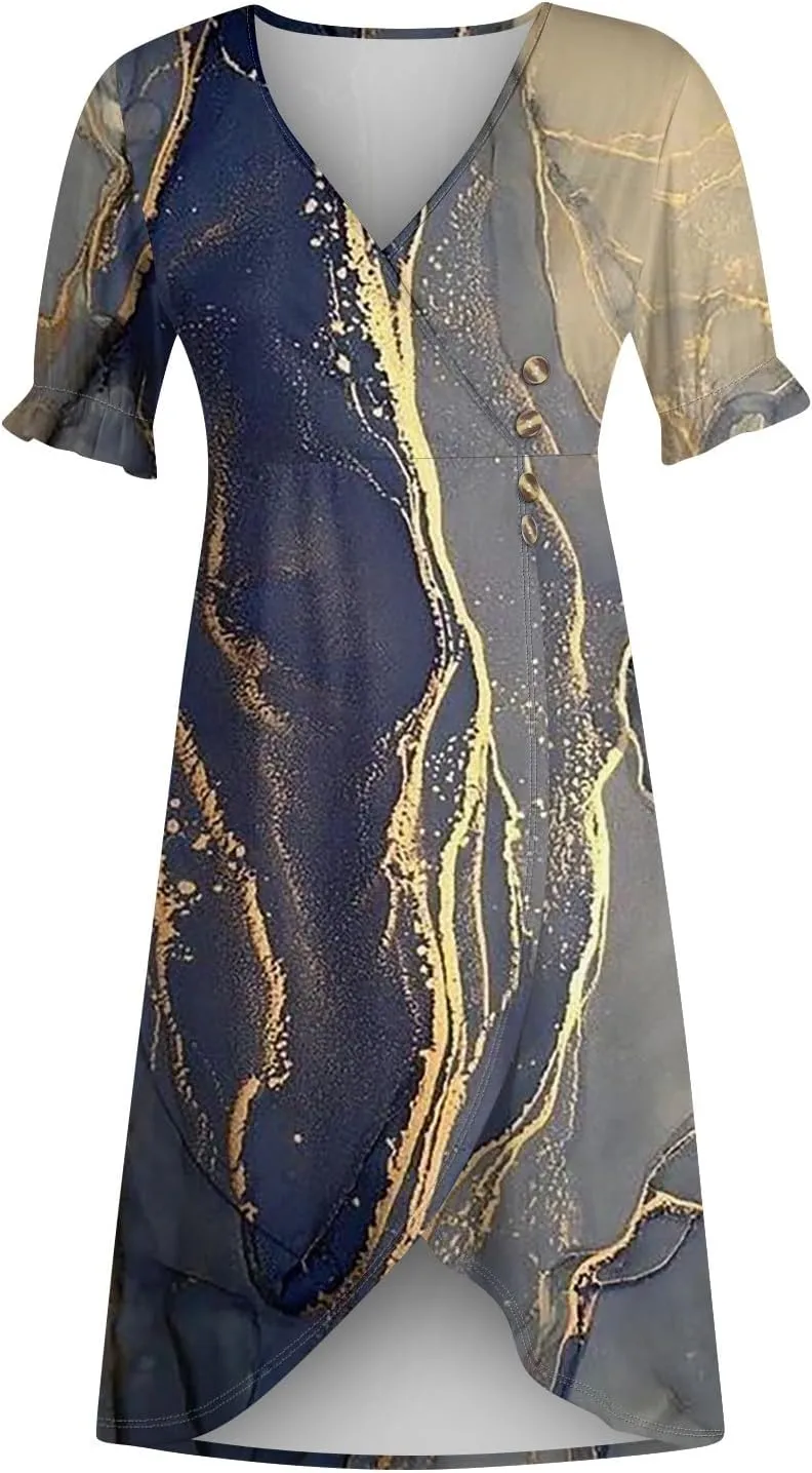 Women's Summer Casual Loose Trendy Short Sleeve V-Neck Floral Printed Solid Sun Beach Dress Plus Size, S-3XL