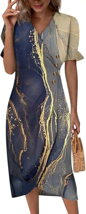 Women's Summer Casual Loose Trendy Short Sleeve V-Neck Floral Printed Solid Sun Beach Dress Plus Size, S-3XL