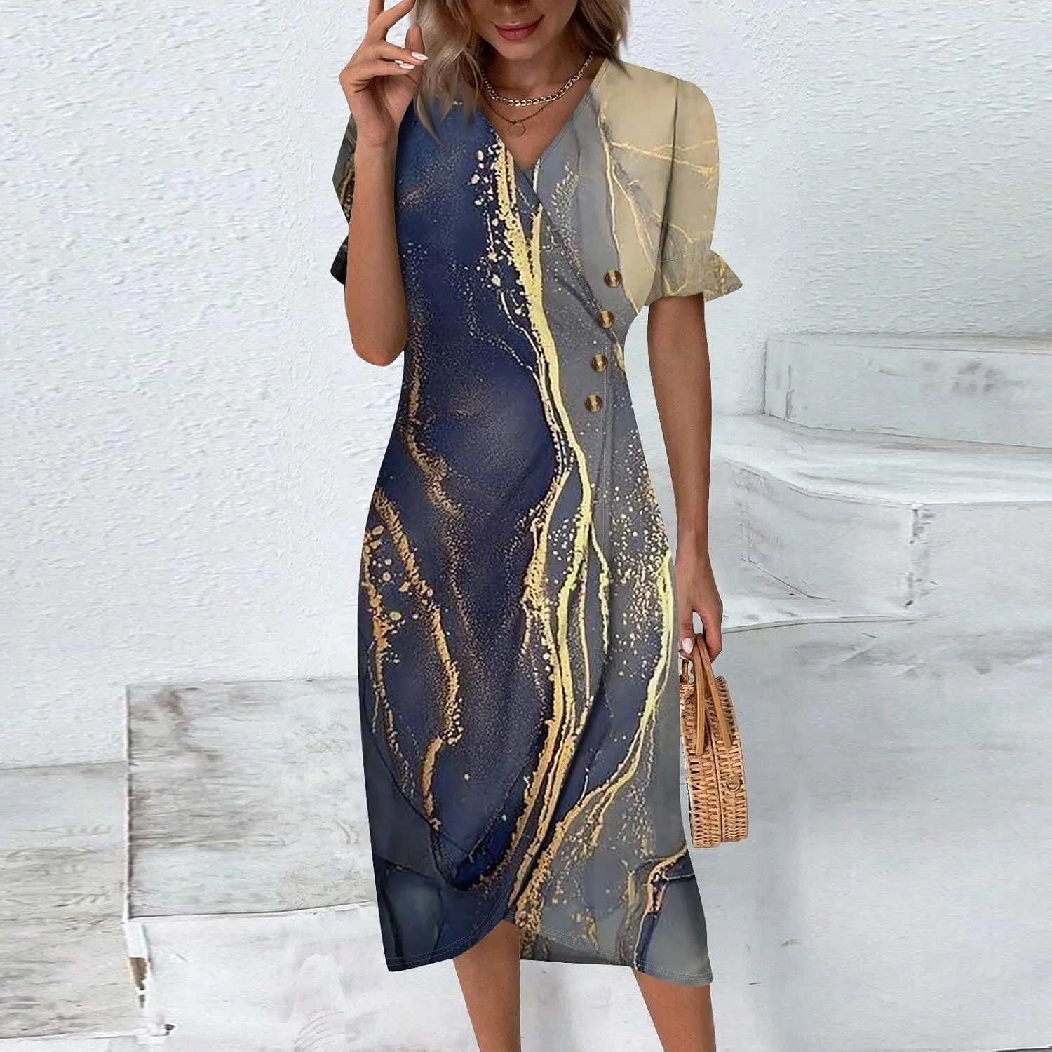 Women's Summer Casual Loose Trendy Short Sleeve V-Neck Floral Printed Solid Sun Beach Dress Plus Size, S-3XL