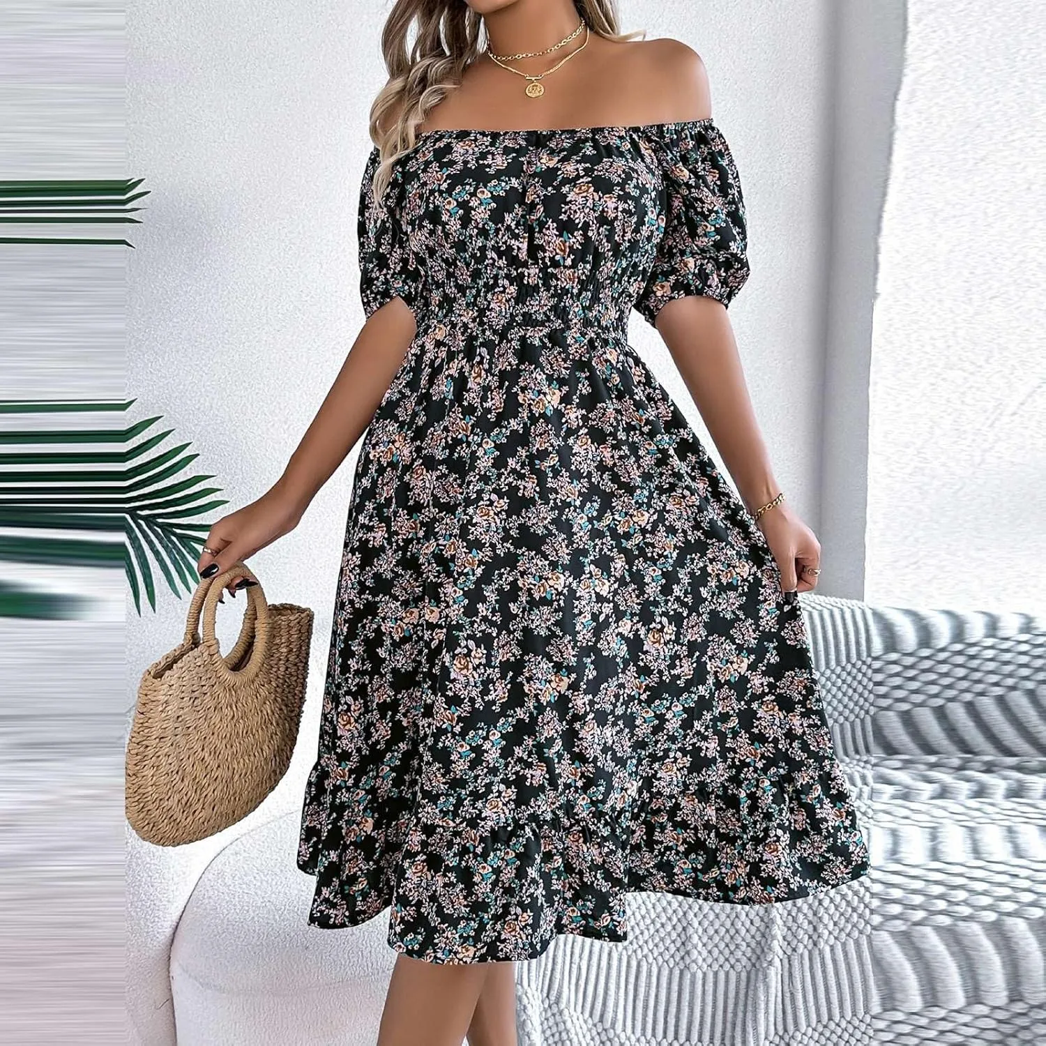 Women's Summer Casual Loose Trendy Sun Dress Square Neck Short Sleeve Floral Print Boho Dresses, S-XL