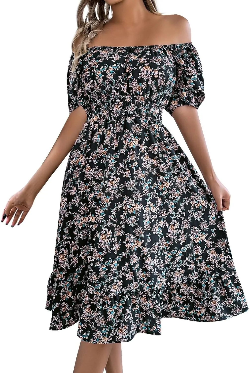 Women's Summer Casual Loose Trendy Sun Dress Square Neck Short Sleeve Floral Print Boho Dresses, S-XL