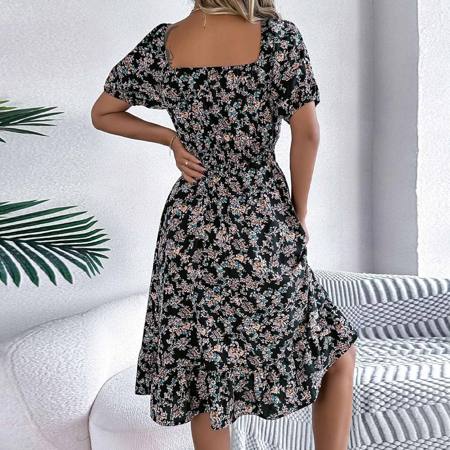 Women's Summer Casual Loose Trendy Sun Dress Square Neck Short Sleeve Floral Print Boho Dresses, S-XL