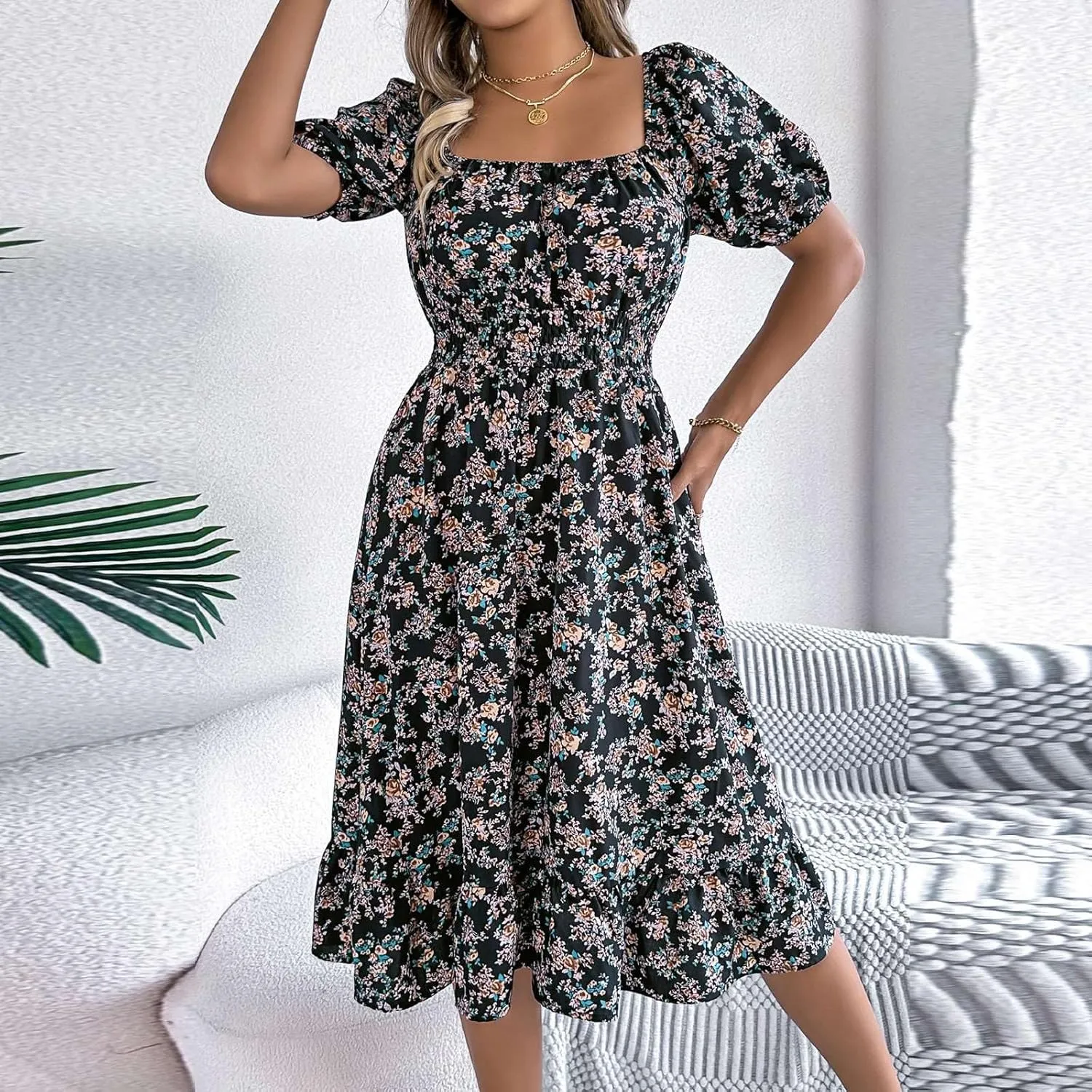 Women's Summer Casual Loose Trendy Sun Dress Square Neck Short Sleeve Floral Print Boho Dresses, S-XL