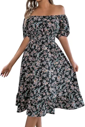 Women's Summer Casual Loose Trendy Sun Dress Square Neck Short Sleeve Floral Print Boho Dresses, S-XL