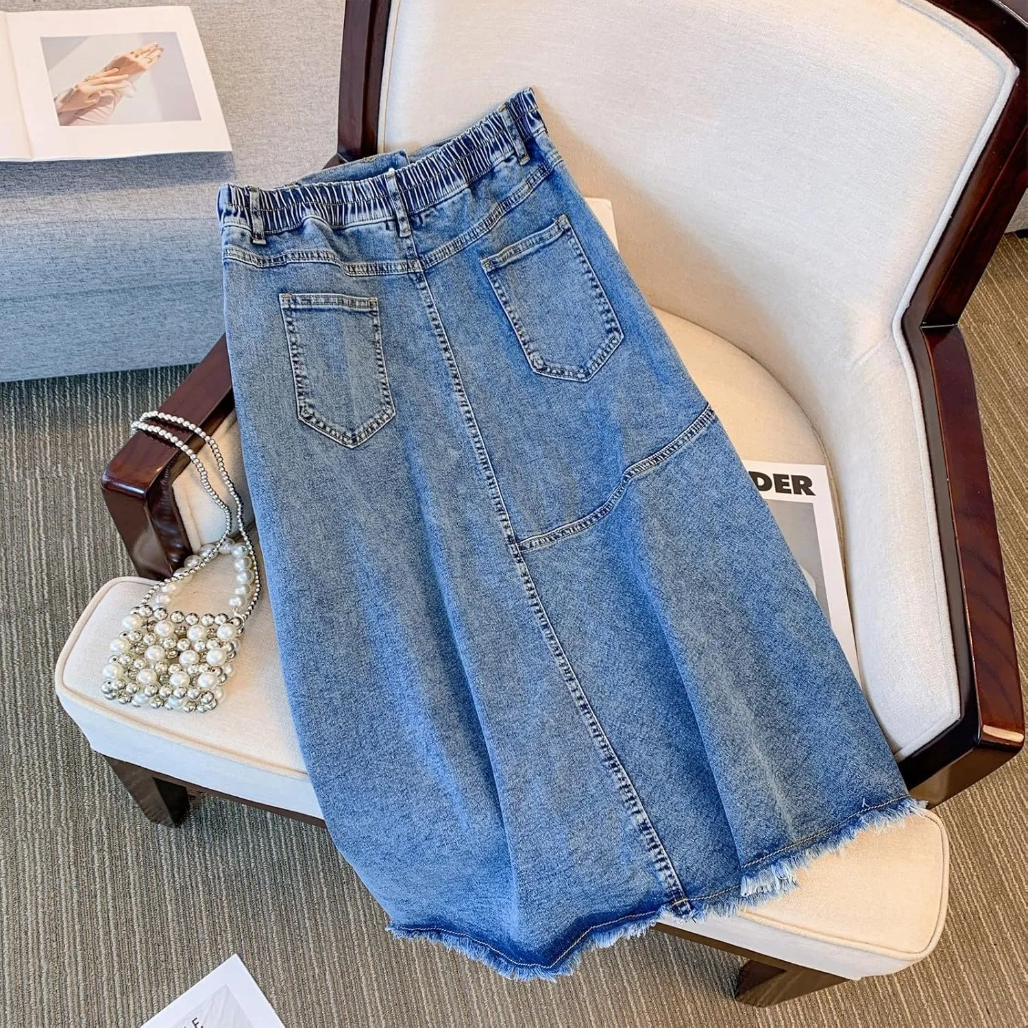 Women's Summer Casual Maxi High Waist Solid Split Plus Size Denim Skirt,XXL-6XL