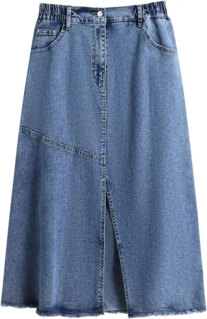 Women's Summer Casual Maxi High Waist Solid Split Plus Size Denim Skirt,XXL-6XL