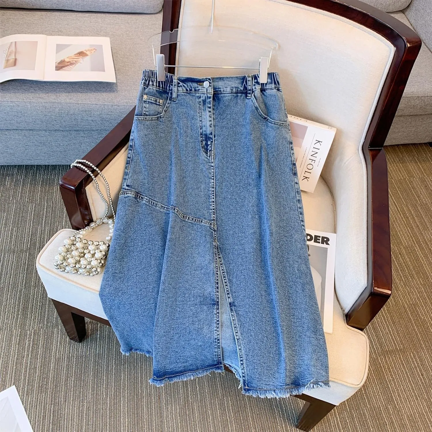 Women's Summer Casual Maxi High Waist Solid Split Plus Size Denim Skirt,XXL-6XL