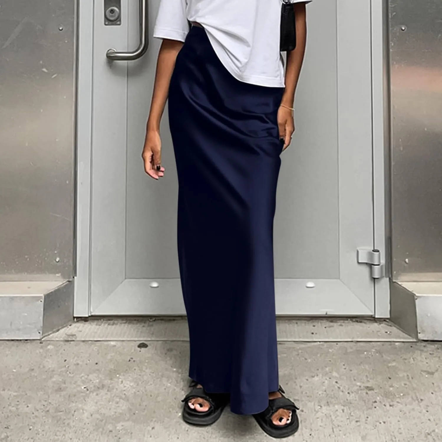 Women's Summer Casual Maxi Slim Skirt High Waist Elastic Solid Glossy Skirts