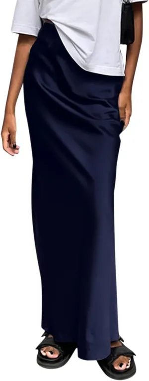 Women's Summer Casual Maxi Slim Skirt High Waist Elastic Solid Glossy Skirts