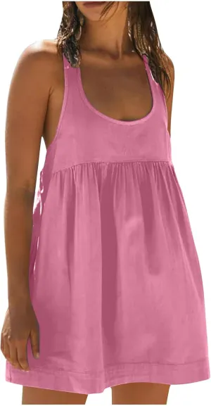 Womens Summer Casual V Neck Sleeveless Mini Dress 2024 Ruffle Swing Solid Color A Line Short Boho Sundresses