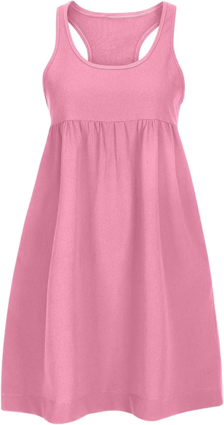 Womens Summer Casual V Neck Sleeveless Mini Dress 2024 Ruffle Swing Solid Color A Line Short Boho Sundresses