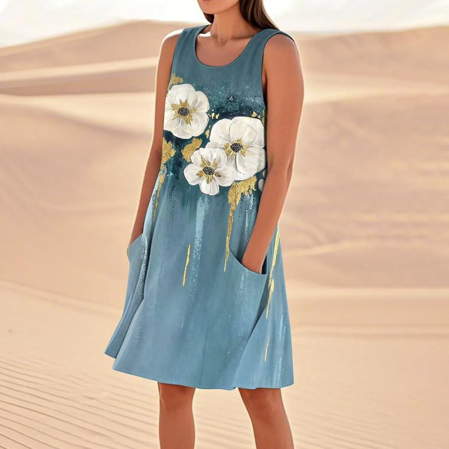 Women's Summer Cotton Linen Midi Dress Sleeveless U-Neck Printed Dresses Plus Size Loose Comfy Dress with Pockets