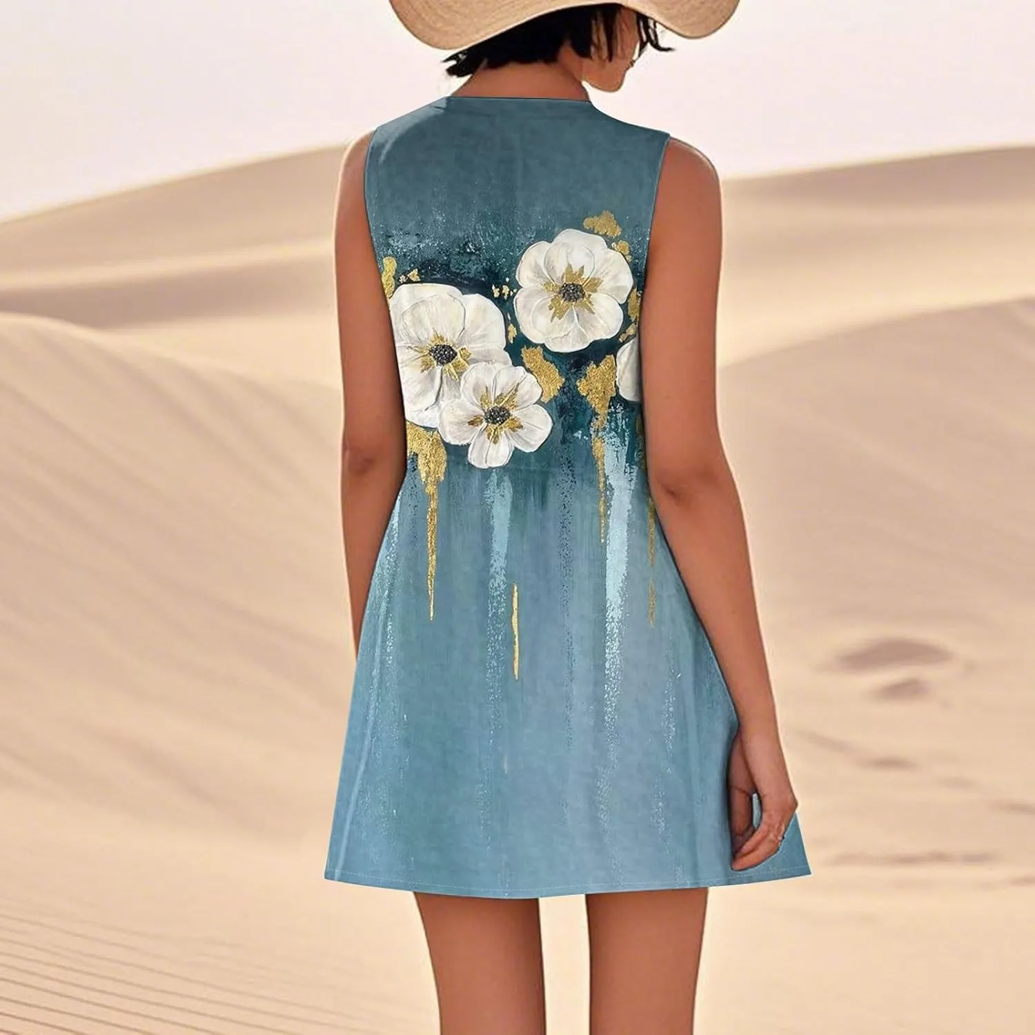 Women's Summer Cotton Linen Midi Dress Sleeveless U-Neck Printed Dresses Plus Size Loose Comfy Dress with Pockets