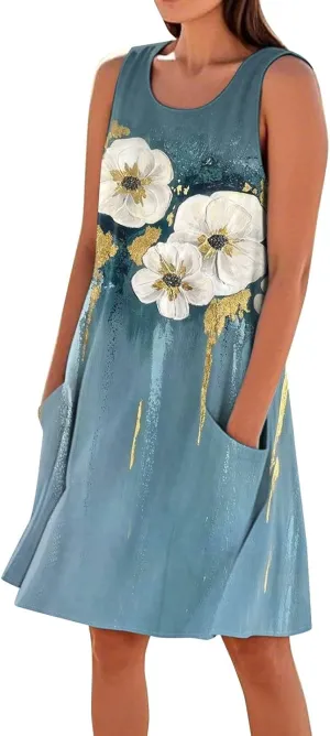 Women's Summer Cotton Linen Midi Dress Sleeveless U-Neck Printed Dresses Plus Size Loose Comfy Dress with Pockets