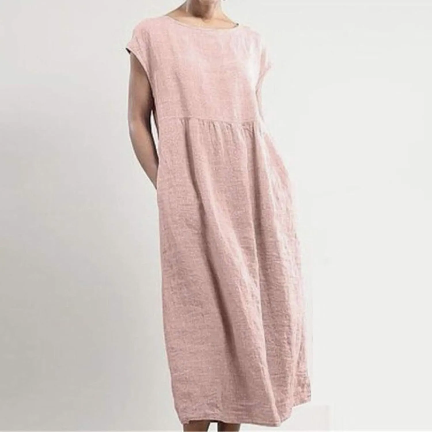 Women's Summer Cotton Linen Shirt Dress Short Sleeve Flowy Long Maxi Dresses Plus Size Vocation Party Dress