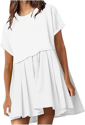 Womens Summer Crew Neck Short Sleeve Pleated Dress Solid Ruffle A Line Beach Dresses Casual Loose Fit Boho Mini Dress