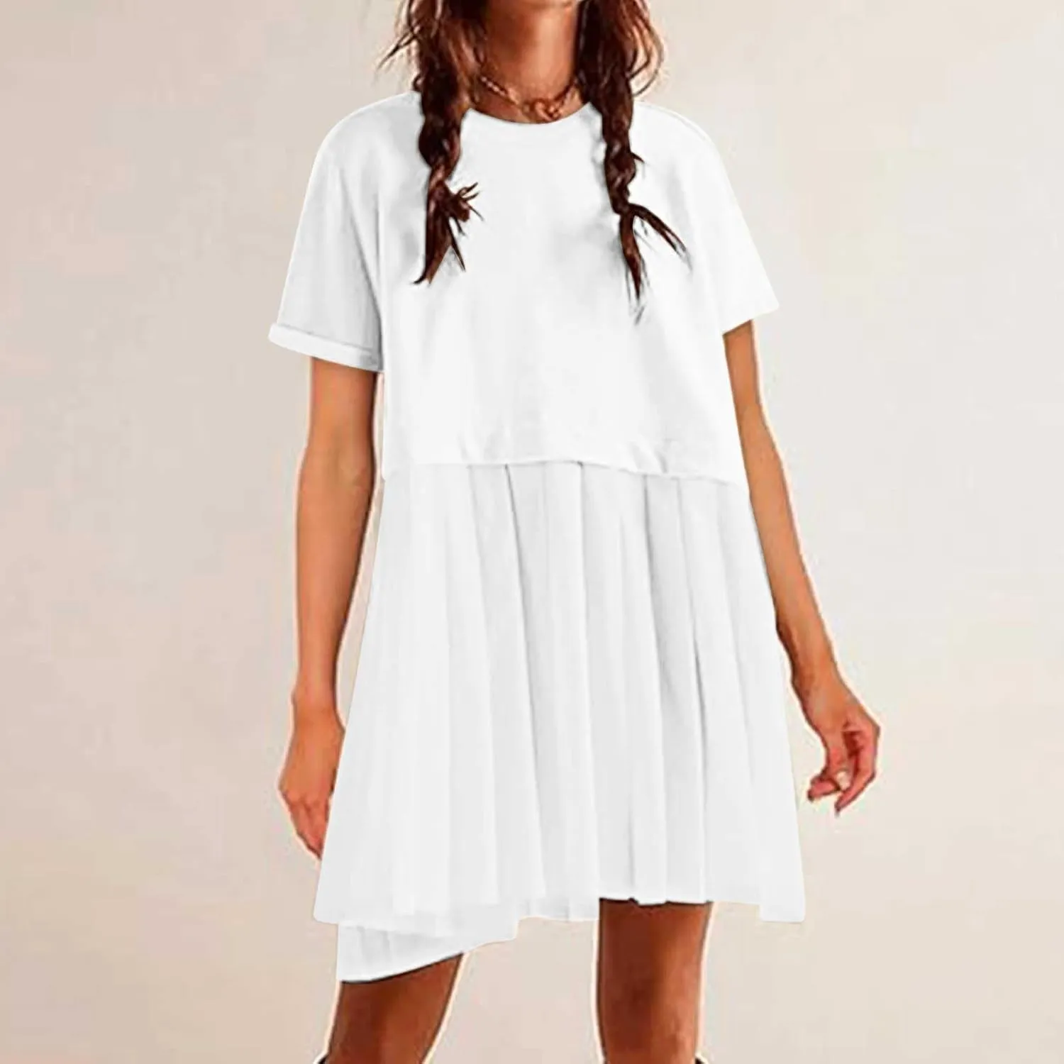 Womens Summer Crew Neck Short Sleeve Pleated Dress Solid Ruffle A Line Beach Dresses Casual Loose Fit Boho Mini Dress