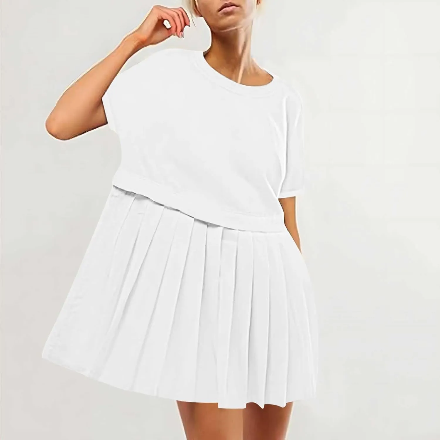 Womens Summer Crew Neck Short Sleeve Pleated Dress Solid Ruffle A Line Beach Dresses Casual Loose Fit Boho Mini Dress