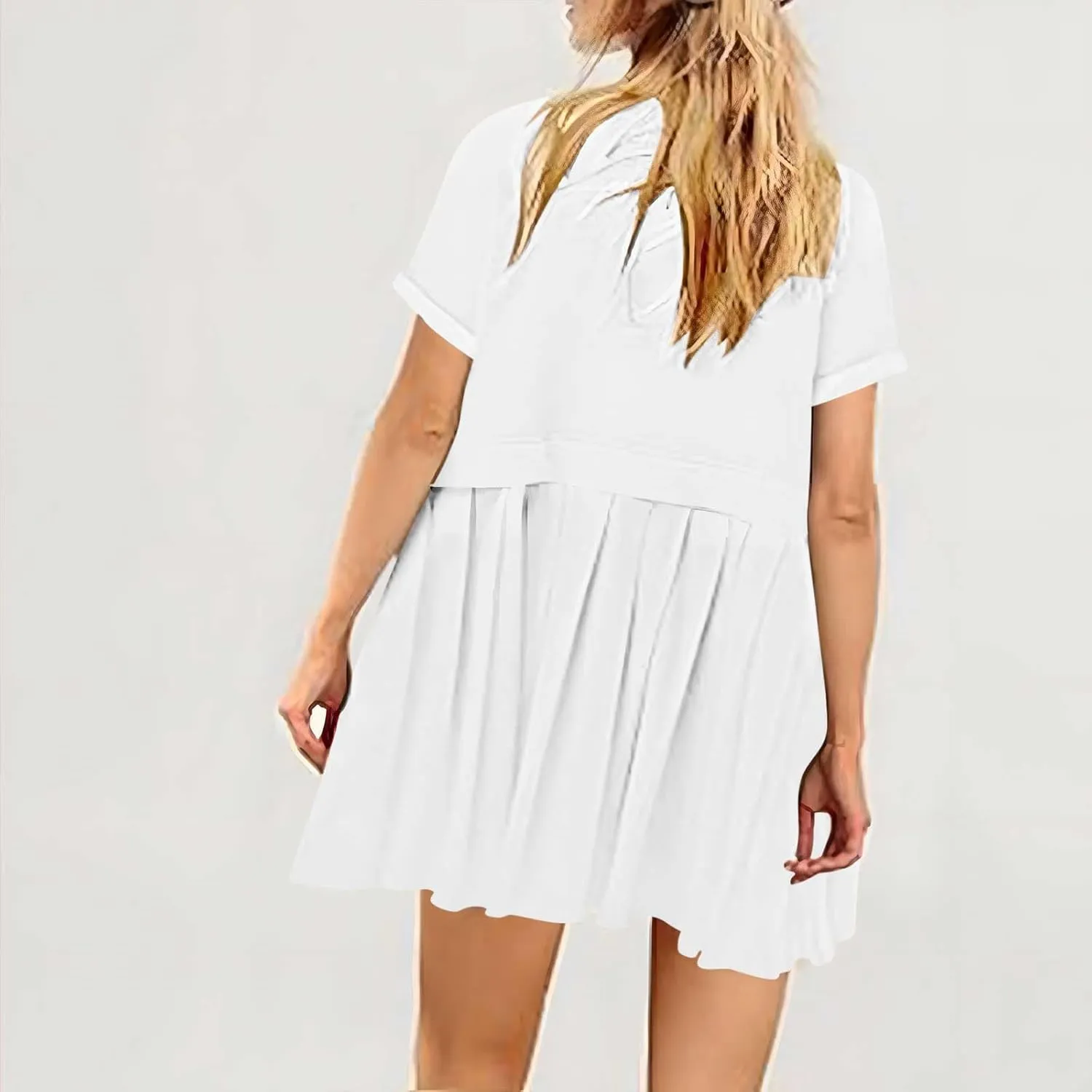 Womens Summer Crew Neck Short Sleeve Pleated Dress Solid Ruffle A Line Beach Dresses Casual Loose Fit Boho Mini Dress