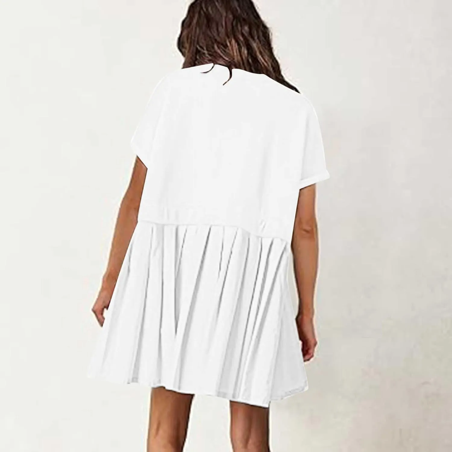 Womens Summer Crew Neck Short Sleeve Pleated Dress Solid Ruffle A Line Beach Dresses Casual Loose Fit Boho Mini Dress