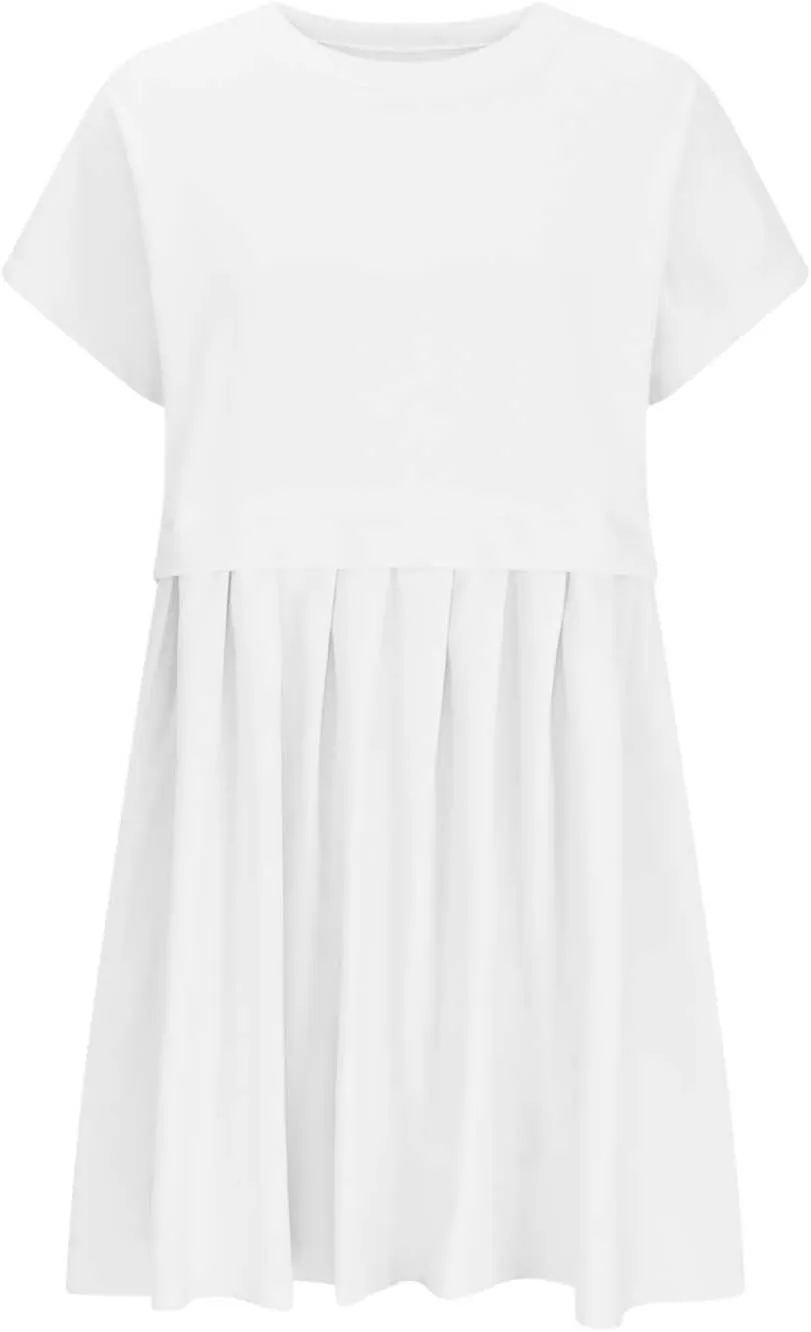 Womens Summer Crew Neck Short Sleeve Pleated Dress Solid Ruffle A Line Beach Dresses Casual Loose Fit Boho Mini Dress