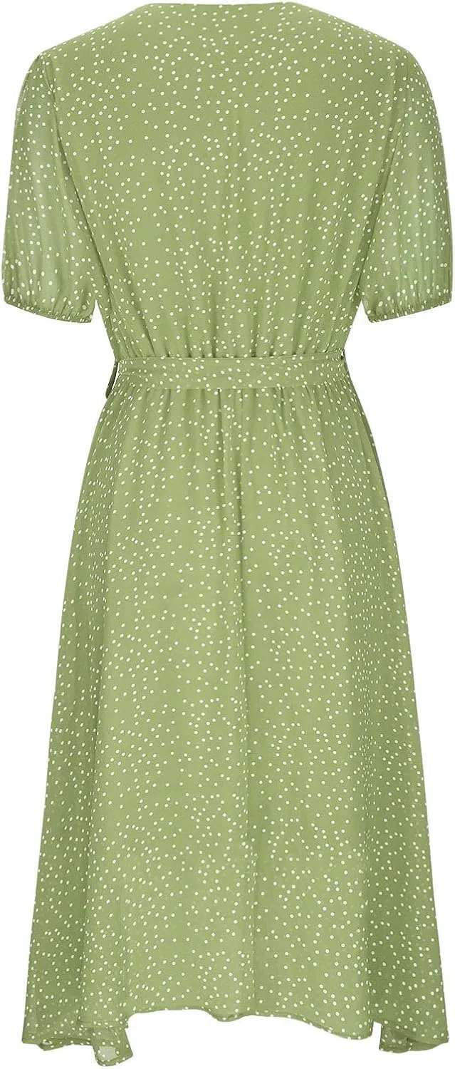 Women's Summer Dot Print Boho Vacation Long Dresses V Neck Short Sleeve Tie Flowy Wrap Dress Sundress Beach Dress