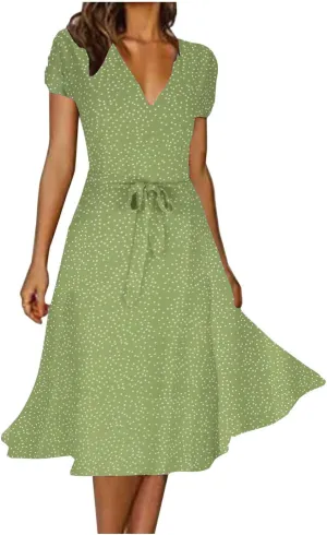 Women's Summer Dot Print Boho Vacation Long Dresses V Neck Short Sleeve Tie Flowy Wrap Dress Sundress Beach Dress