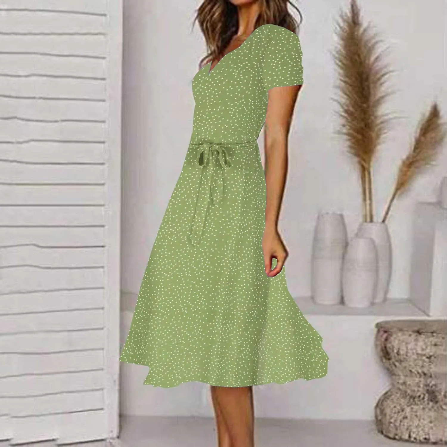Women's Summer Dot Print Boho Vacation Long Dresses V Neck Short Sleeve Tie Flowy Wrap Dress Sundress Beach Dress