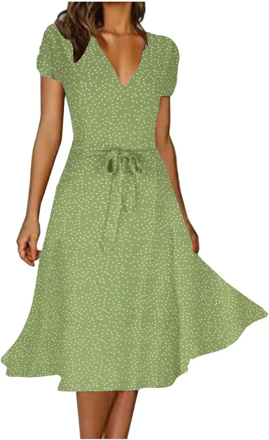 Women's Summer Dot Print Boho Vacation Long Dresses V Neck Short Sleeve Tie Flowy Wrap Dress Sundress Beach Dress