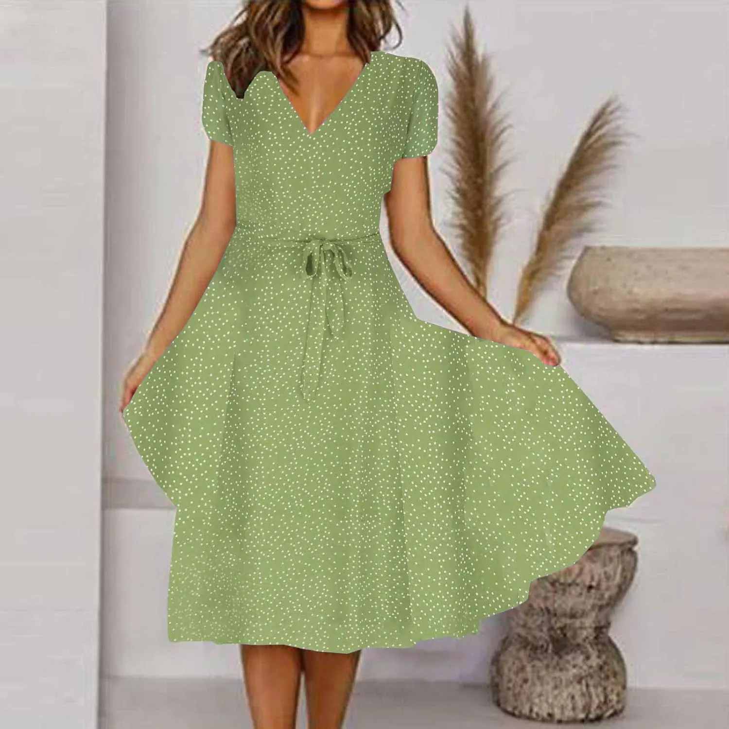 Women's Summer Dot Print Boho Vacation Long Dresses V Neck Short Sleeve Tie Flowy Wrap Dress Sundress Beach Dress