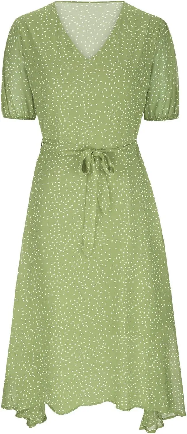 Women's Summer Dot Print Boho Vacation Long Dresses V Neck Short Sleeve Tie Flowy Wrap Dress Sundress Beach Dress