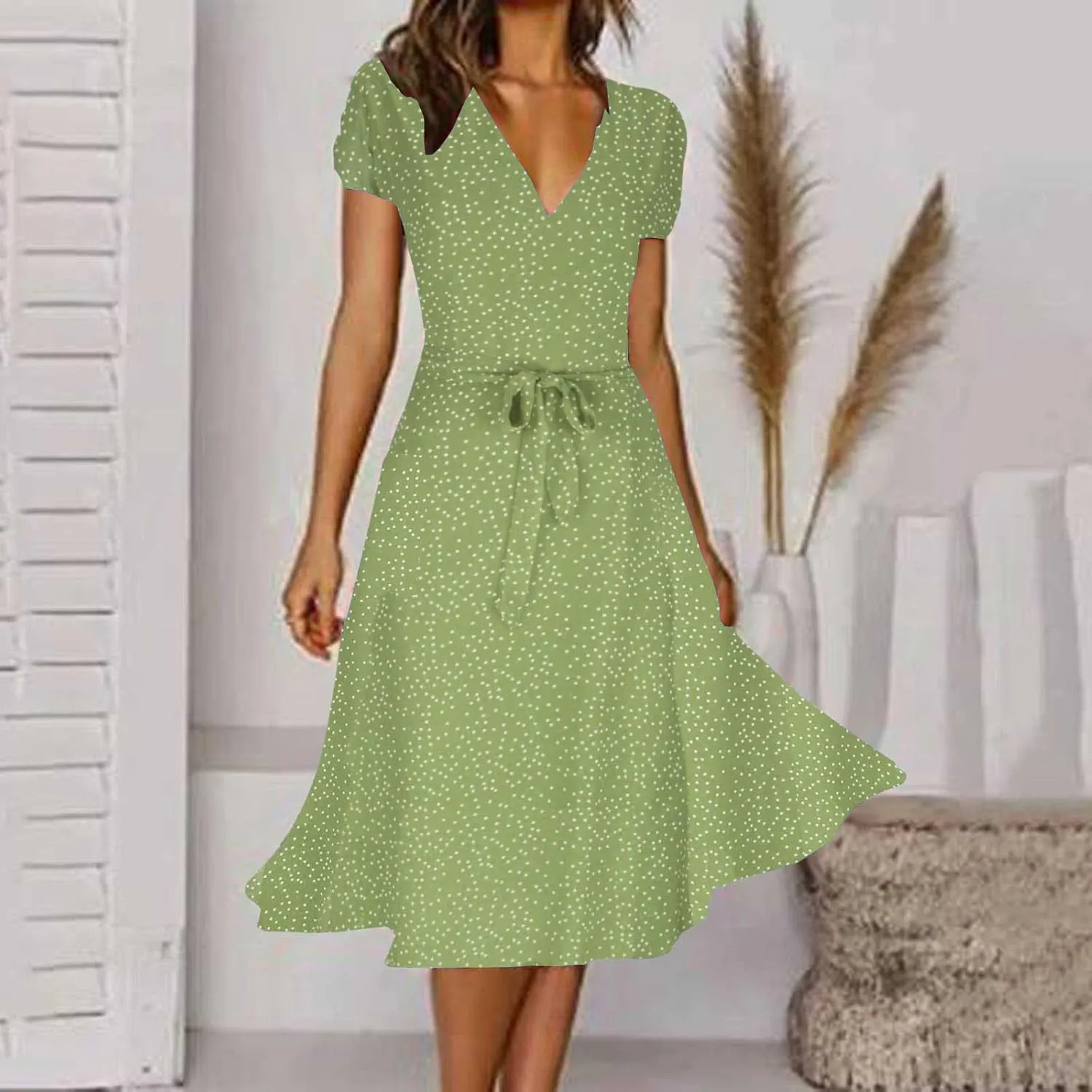 Women's Summer Dot Print Boho Vacation Long Dresses V Neck Short Sleeve Tie Flowy Wrap Dress Sundress Beach Dress