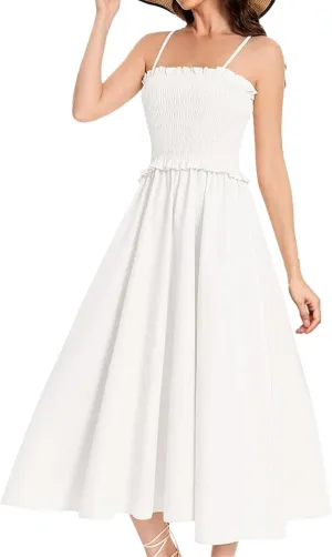 Women's Summer Dress 2025 Casual Fashion Spaghetti Strap Swing Smocked Maxi Sleeveless Beach Sundress