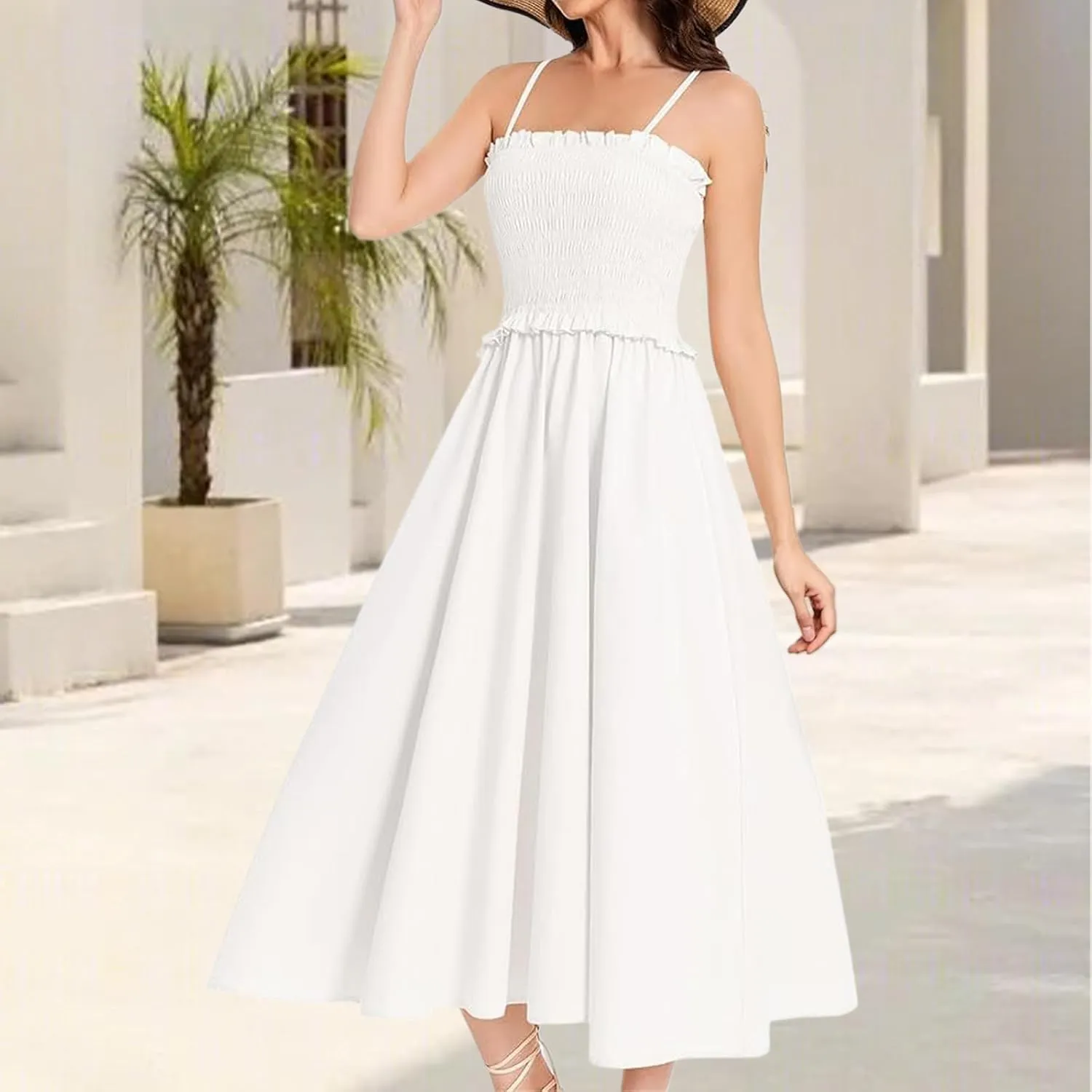 Women's Summer Dress 2025 Casual Fashion Spaghetti Strap Swing Smocked Maxi Sleeveless Beach Sundress
