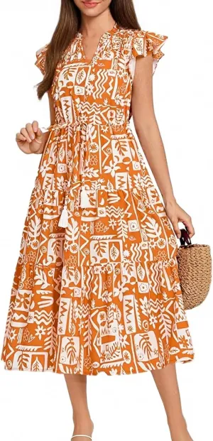 Womens Summer Dress Short Sleeve V-Neck Ruffle Tiered Midi Dresses Floral Printed Vacation Sundress with Fringe Belt