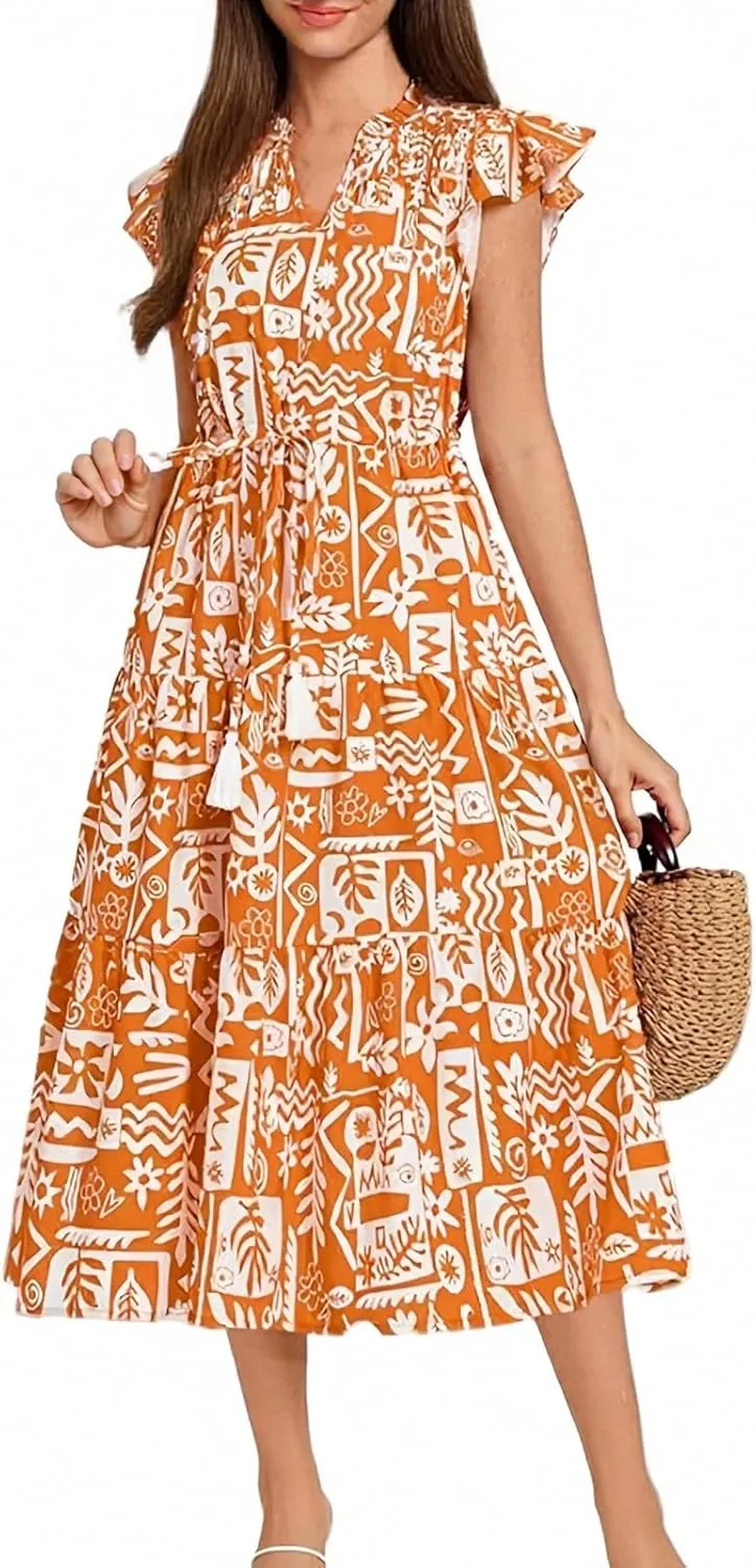 Womens Summer Dress Short Sleeve V-Neck Ruffle Tiered Midi Dresses Floral Printed Vacation Sundress with Fringe Belt
