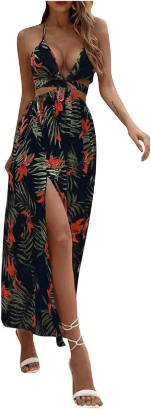 Women's Summer Dress Sleeveless Halter Neck Ruffle Tiered Layed Casual Vacation Maxi Dress Backless Beach Sundresses